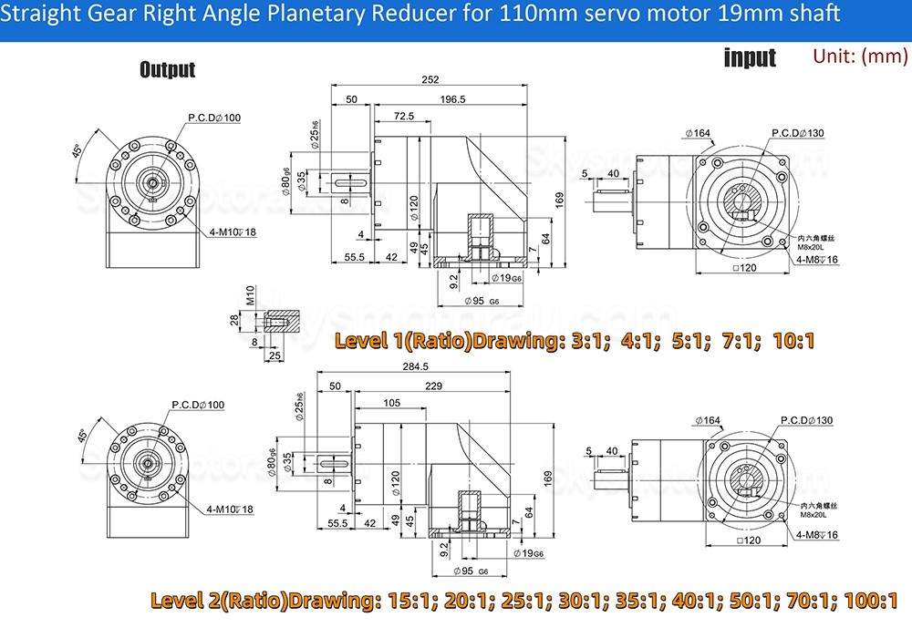 PVE120 Series Right Angle Servo Planetary Gearbox 3:1 - 100:1 Fit 110mm/130mm Servo Motor 19/22/24mm Input